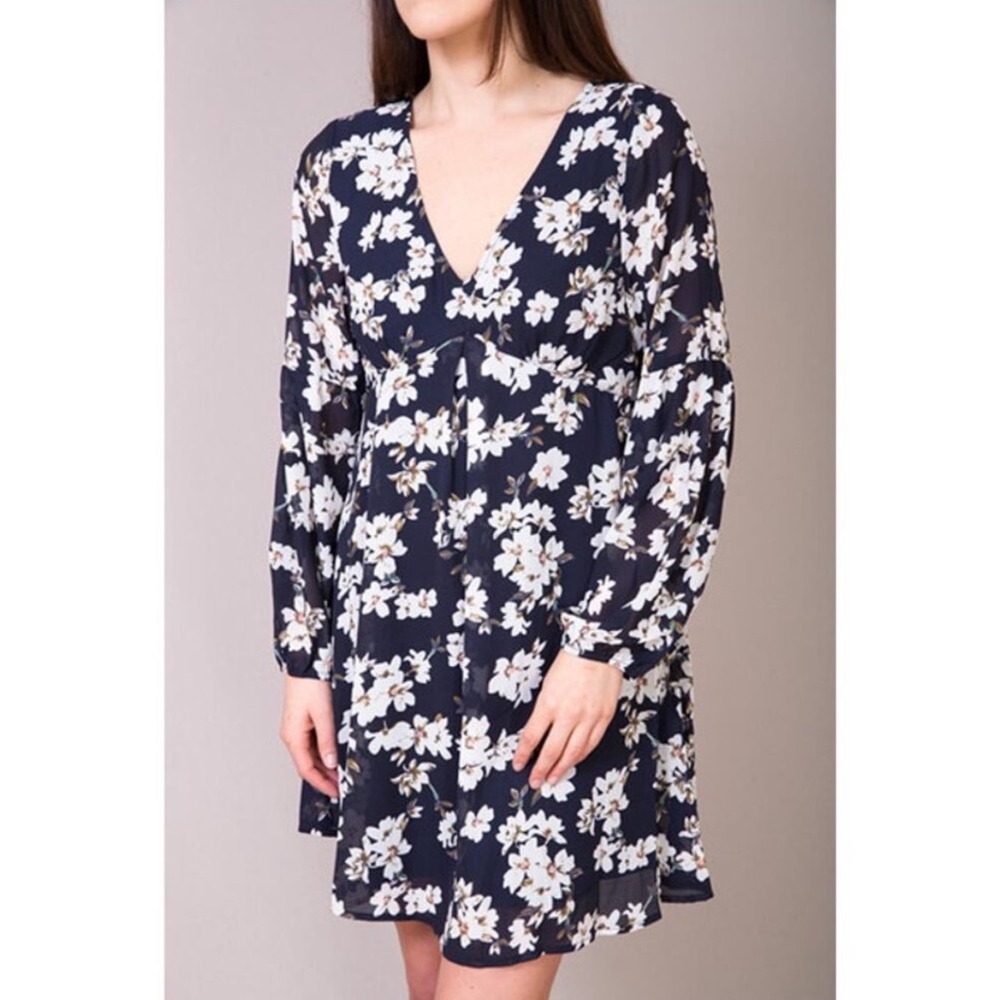 Entro Floral Print Mini Dress V Neck Long Sleeve Casual Party Navy White L‎ NWT
